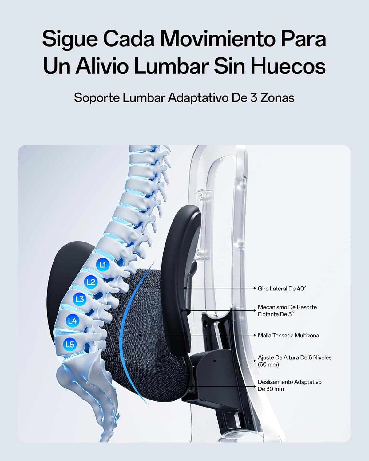 Columna vertebral apoyada en el soporte lumbar de 3 zonas de la Studio Pro negra