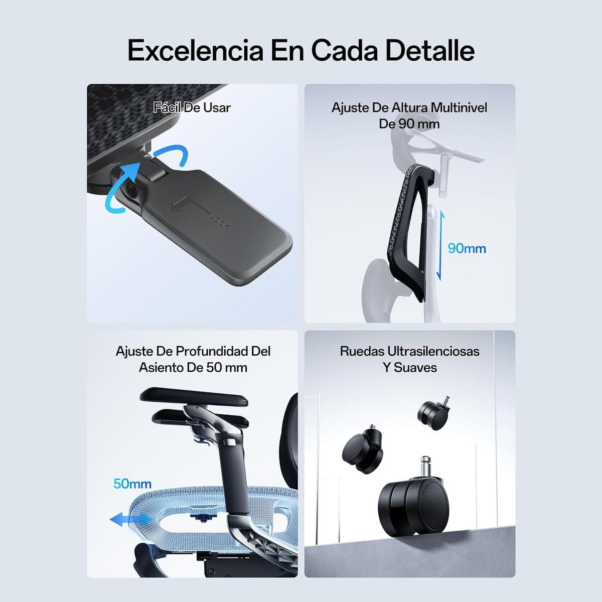 Palancas de ajuste de altura y profundidad de una silla ergonómica