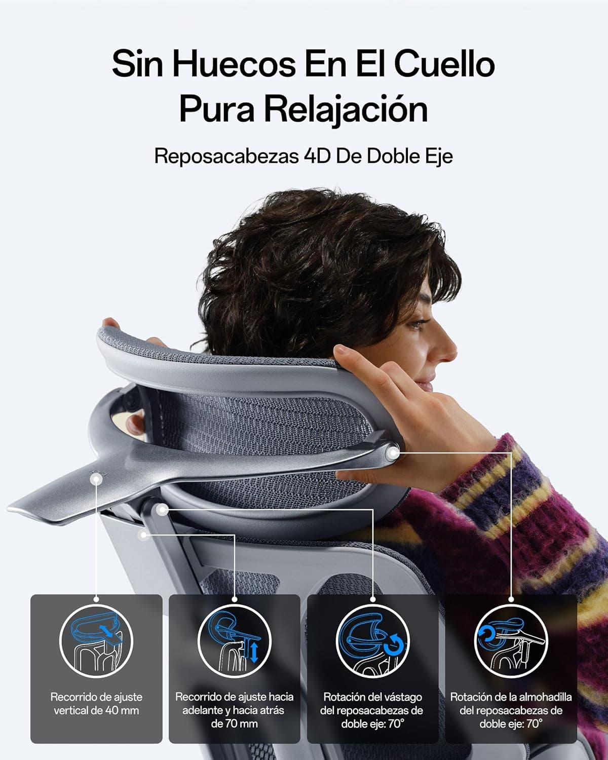 Mujer ajustando el cabecero 4D de la silla